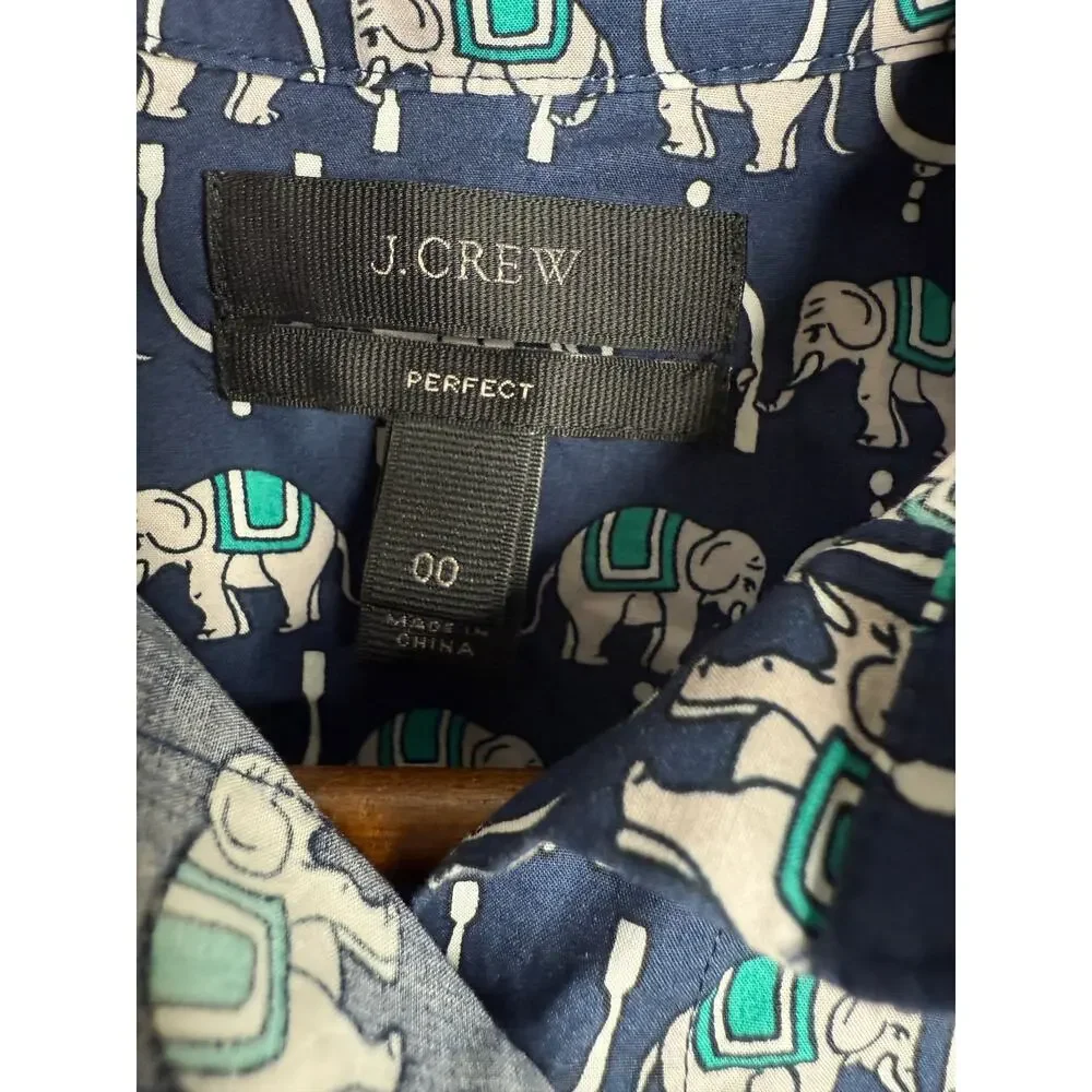 J. Crew Long Sleeve Perfect Fit Novelty Print Elephants Shirt 00 Navy Blue White